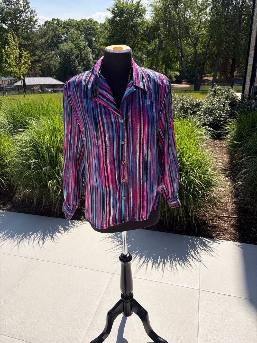 Vintage Allison Daley Striped Blouse | Size 12P | 90s with Shoulder Pads